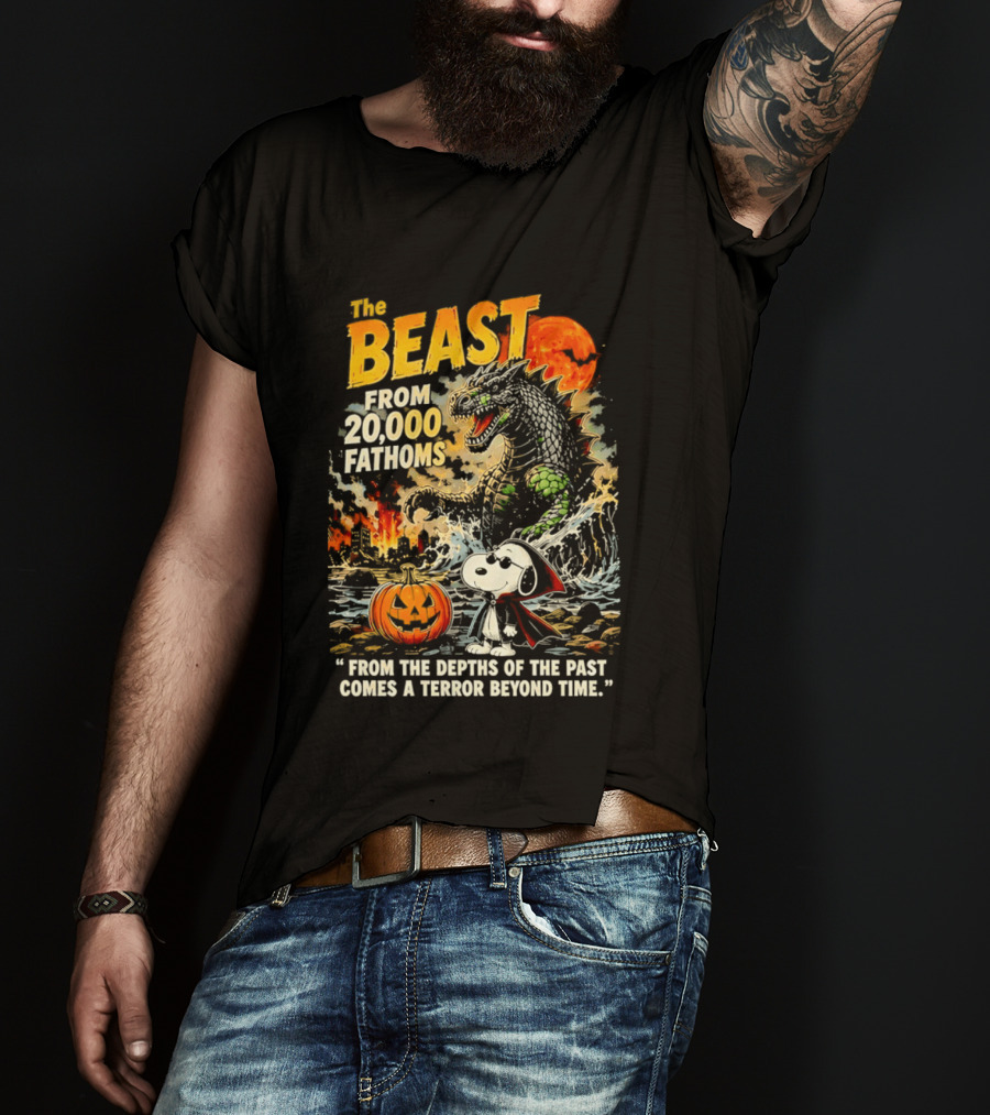 Snoopy And The Beast From 20000 Fathoms Halloween Pumpkin Terror T-Shirt