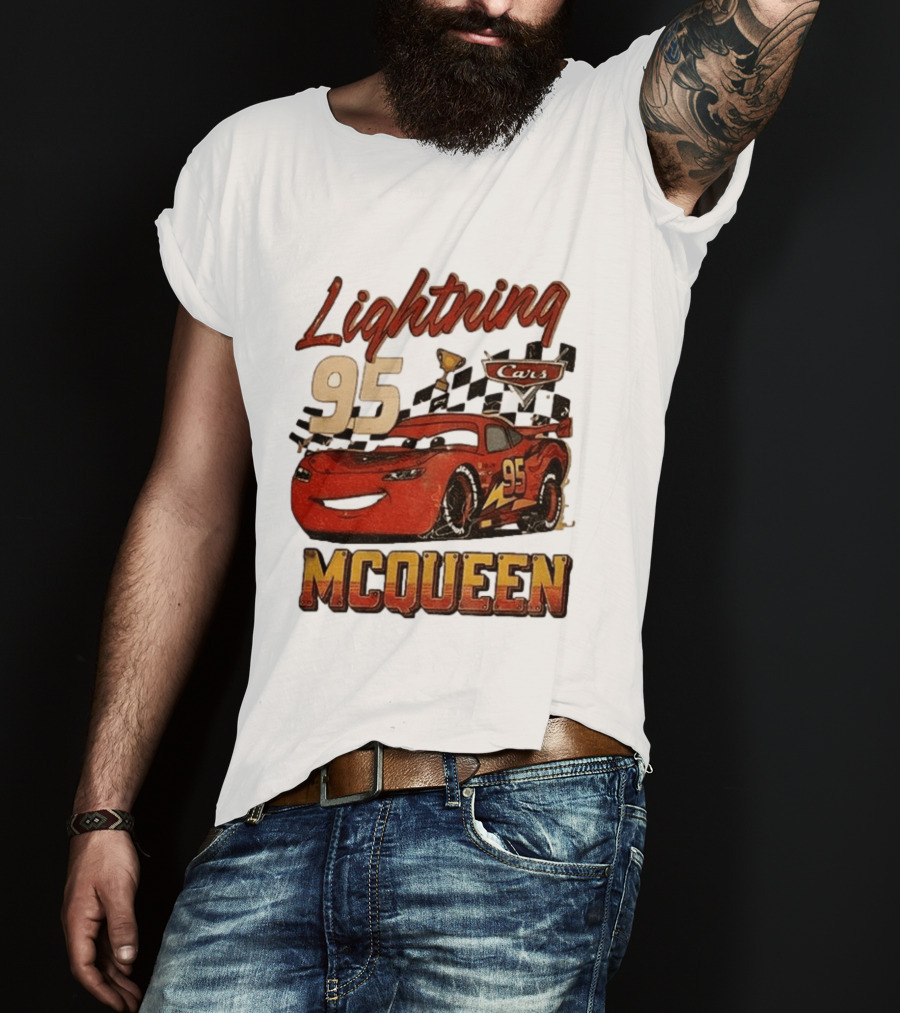Lightning McQueen 95 Cars Trophy Checkered Flags Disney Pixar T-Shirt