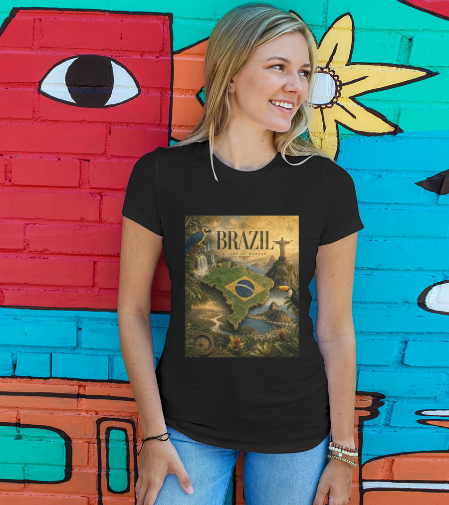 Brazil A Land Of Wonder Ordem E Progresso Christ The Redeemer Amazon Rainforest Toucan Macaw Waterfalls T-Shirt