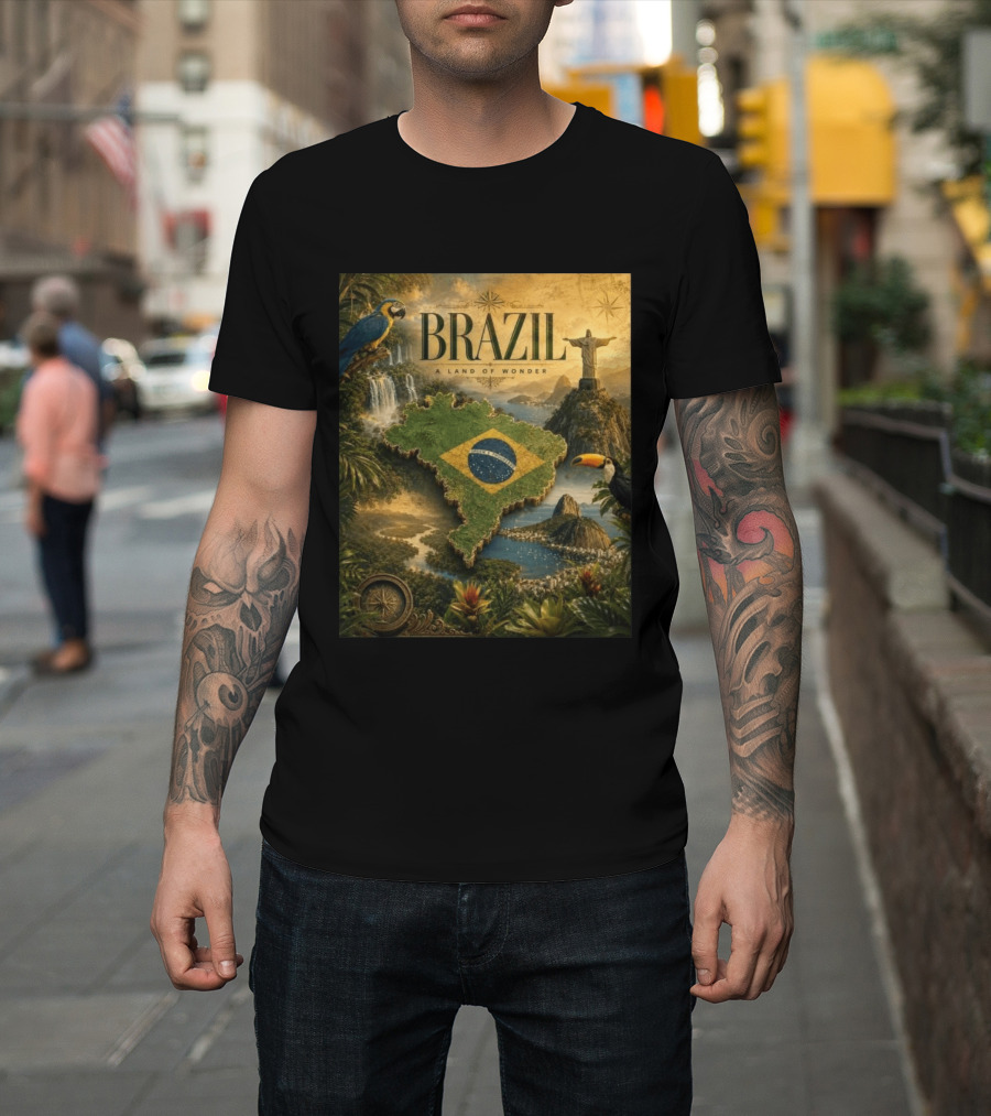 Brazil A Land Of Wonder Ordem E Progresso Christ The Redeemer Amazon Rainforest Toucan Macaw Waterfalls T-Shirt