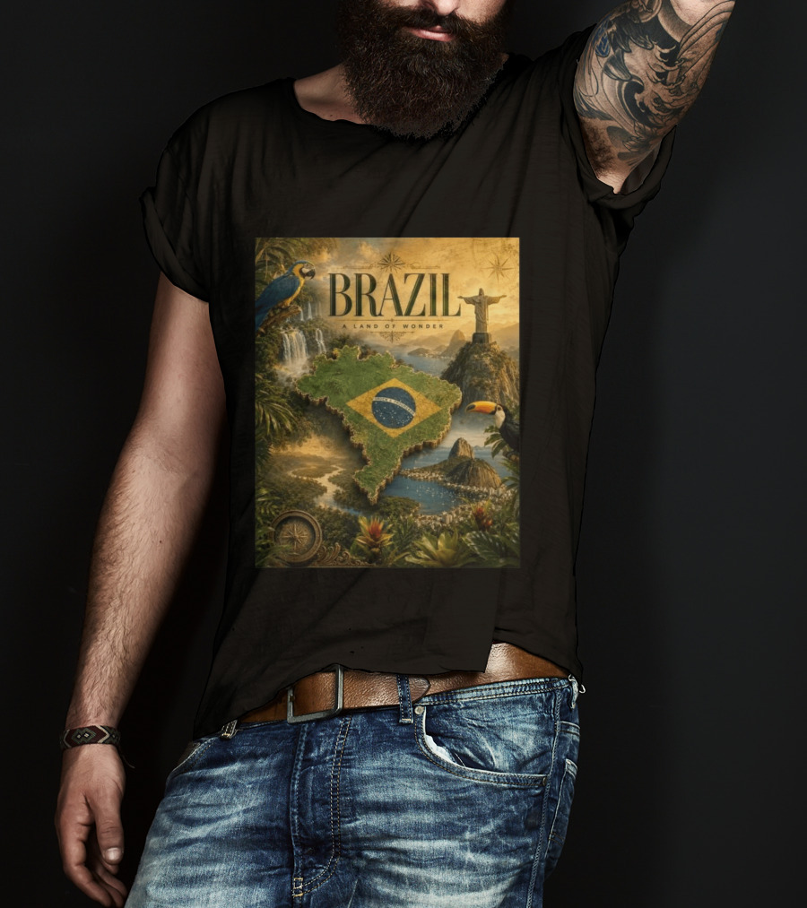 Brazil A Land Of Wonder Ordem E Progresso Christ The Redeemer Amazon Rainforest Toucan Macaw Waterfalls T-Shirt