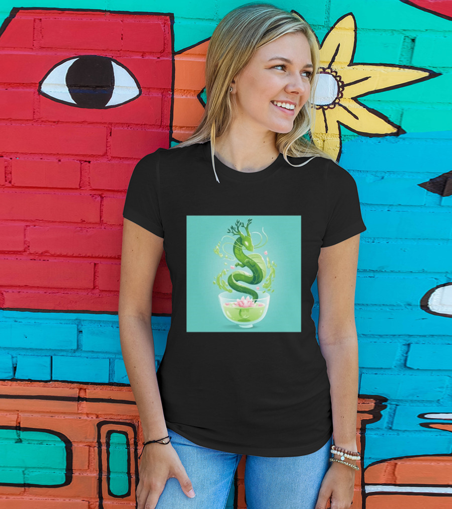 Green Tea Dragon In Teacup With Blossoms And Leaves T-Shirt