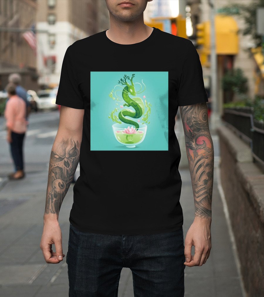 Green Tea Dragon In Teacup With Blossoms And Leaves T-Shirt