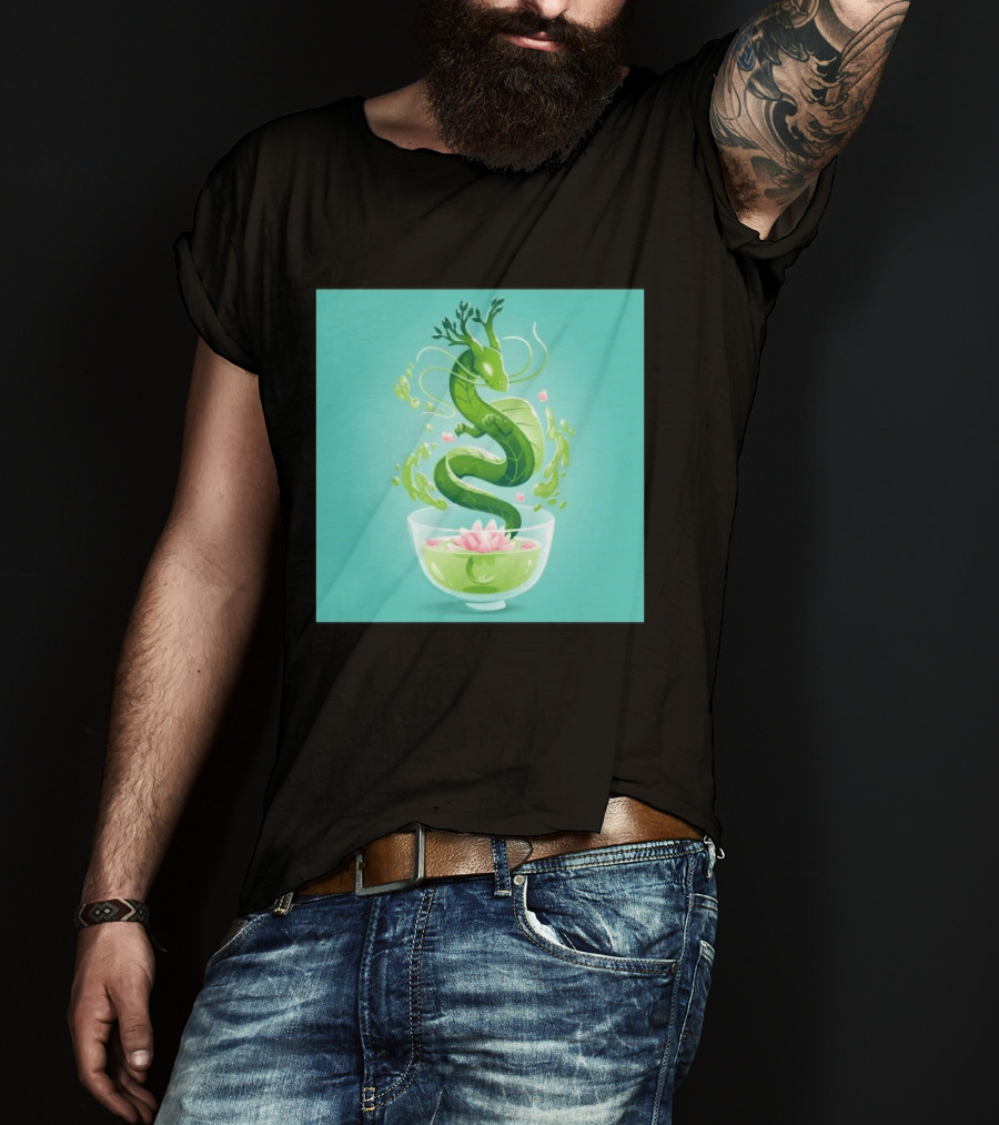 Green Tea Dragon In Teacup With Blossoms And Leaves T-Shirt