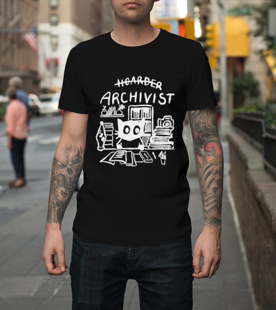 Hoarder Archivist Cat Surrounded By Books And Files T-Shirt