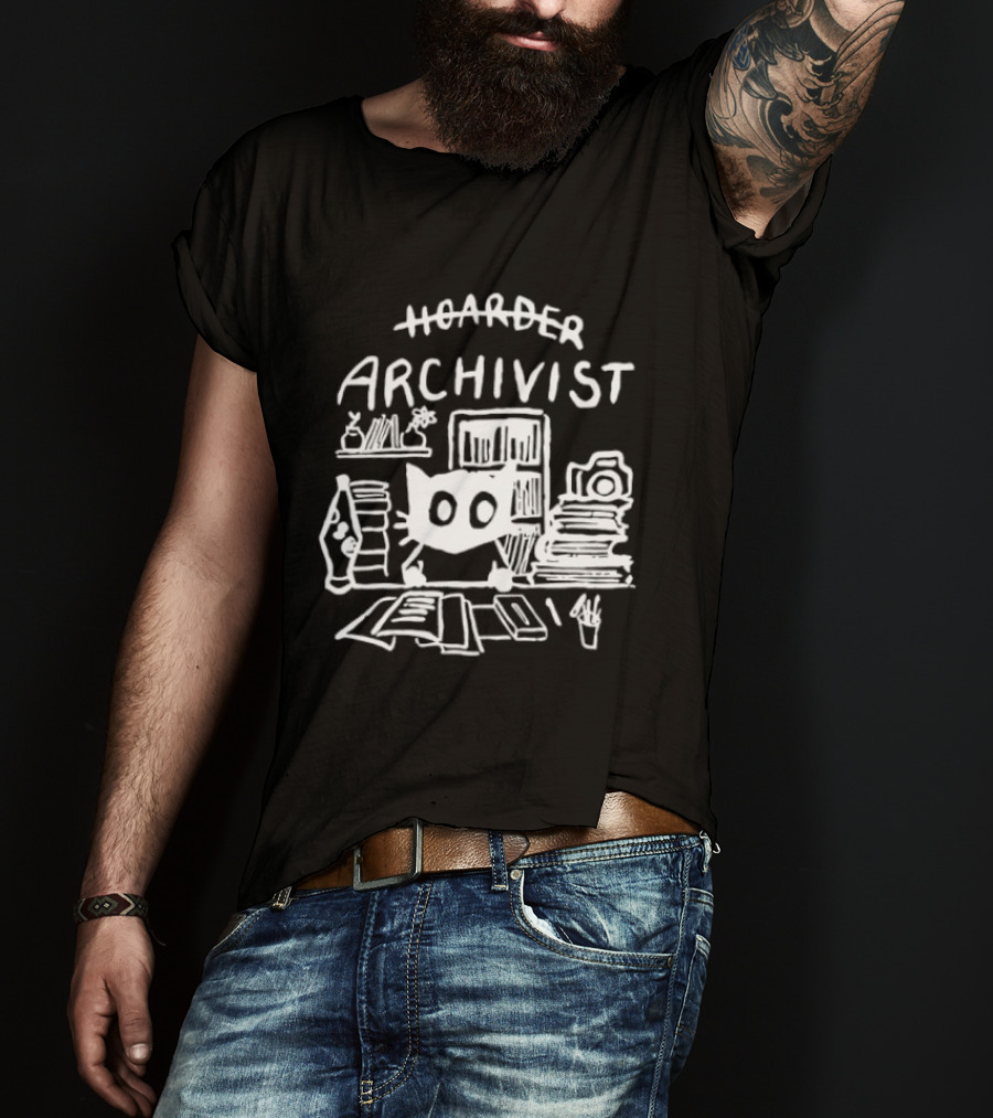 Hoarder Archivist Cat Surrounded By Books And Files T-Shirt