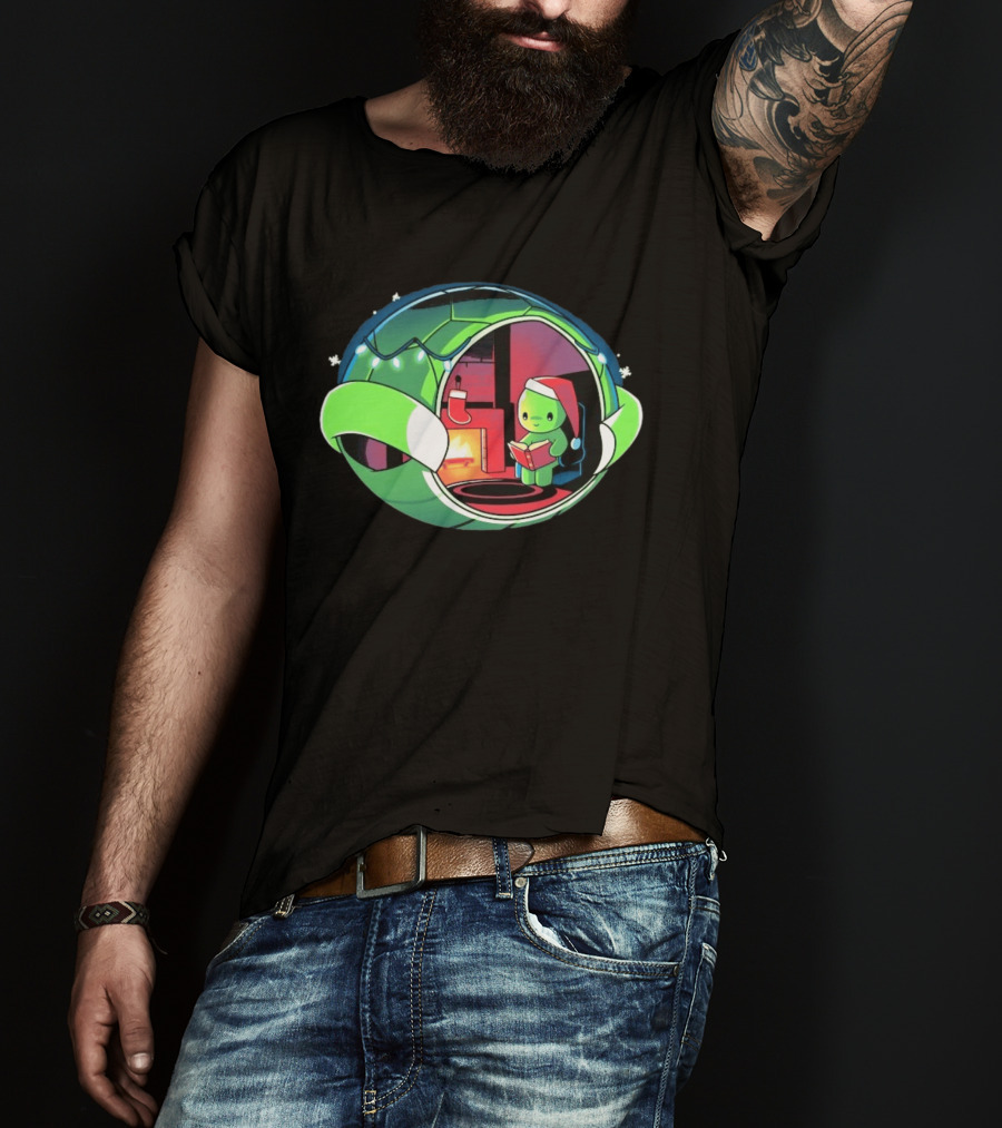 Christmas Turtle Cozy Holiday Scene With Santa Hat And Fireplace T-Shirt