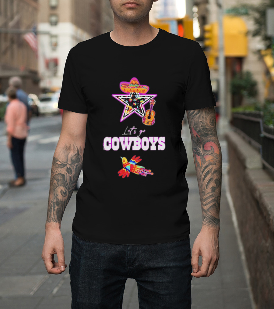 Let's Go Cowboys Mexican Folk Sombrero Star Guitar Bird T-Shirt