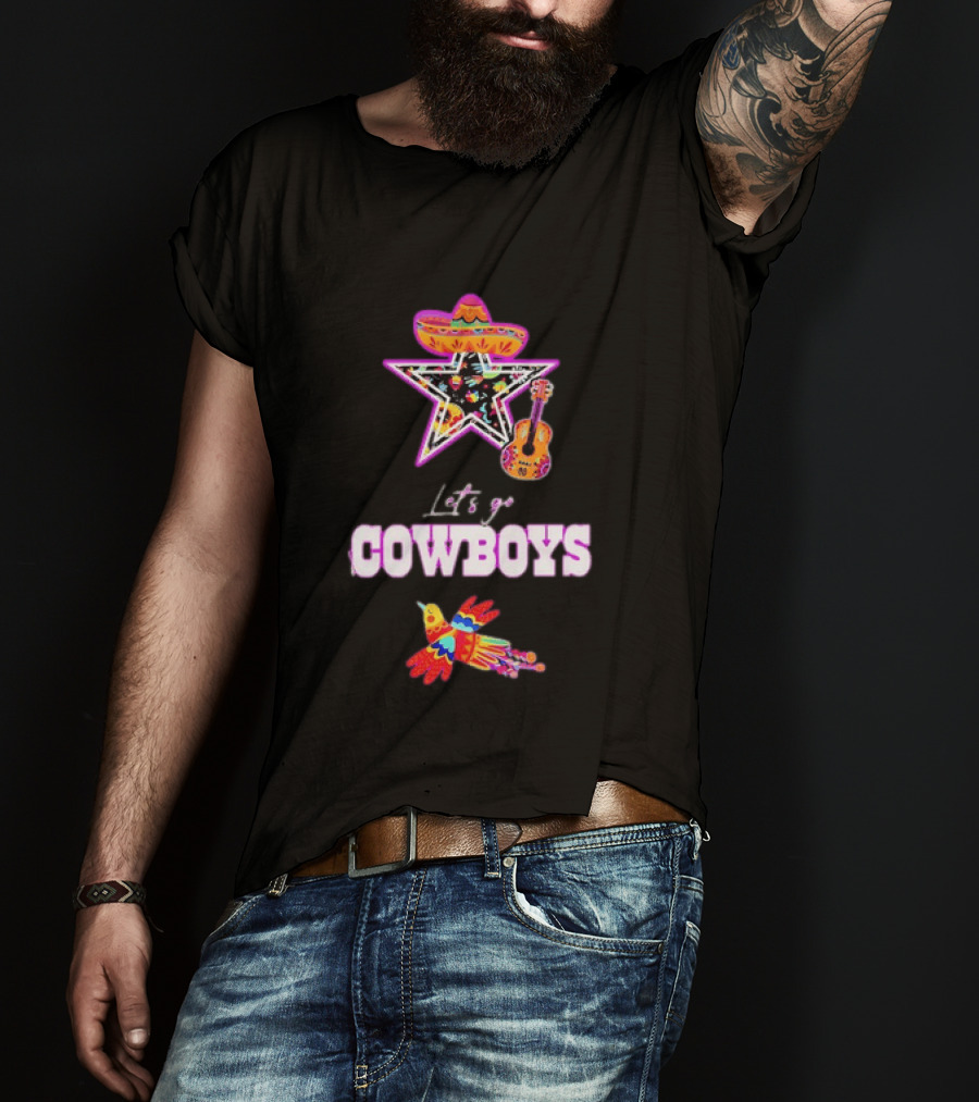 Let's Go Cowboys Mexican Folk Sombrero Star Guitar Bird T-Shirt