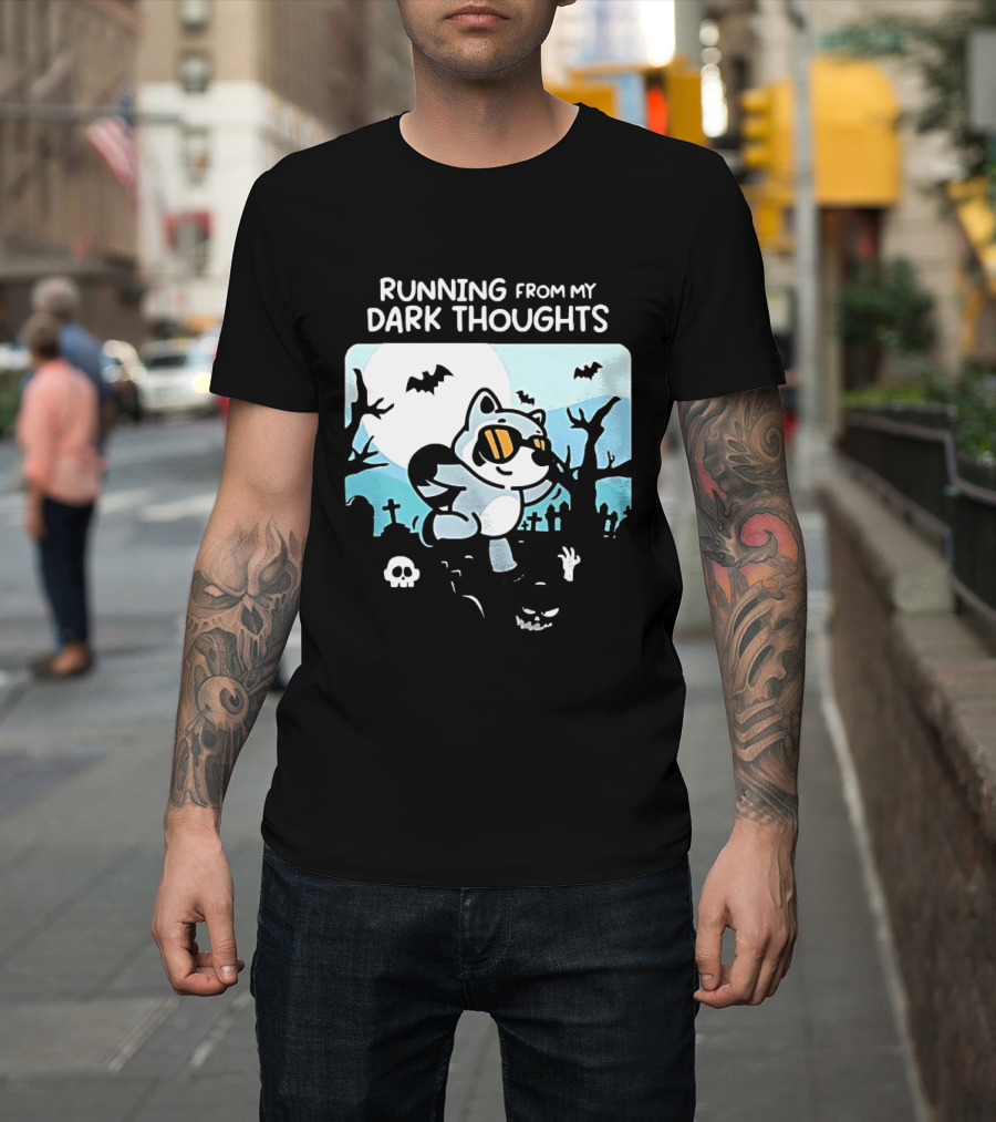 Raccoon Running From My Dark Thoughts Moonlight Bats And Graveyard Scene T-Shirt