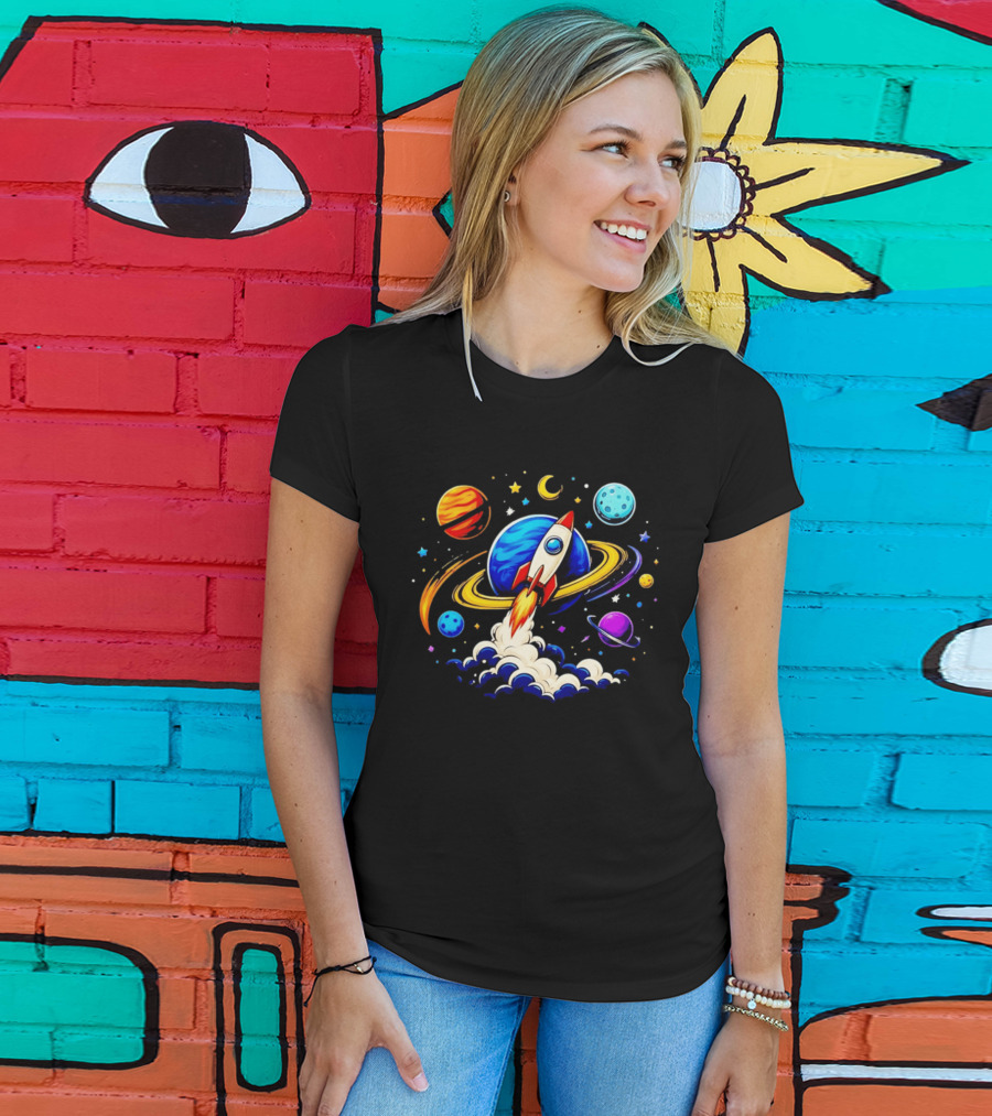 Space Rocket Launch With Vibrant Orbiting Planets And Stars T-Shirt