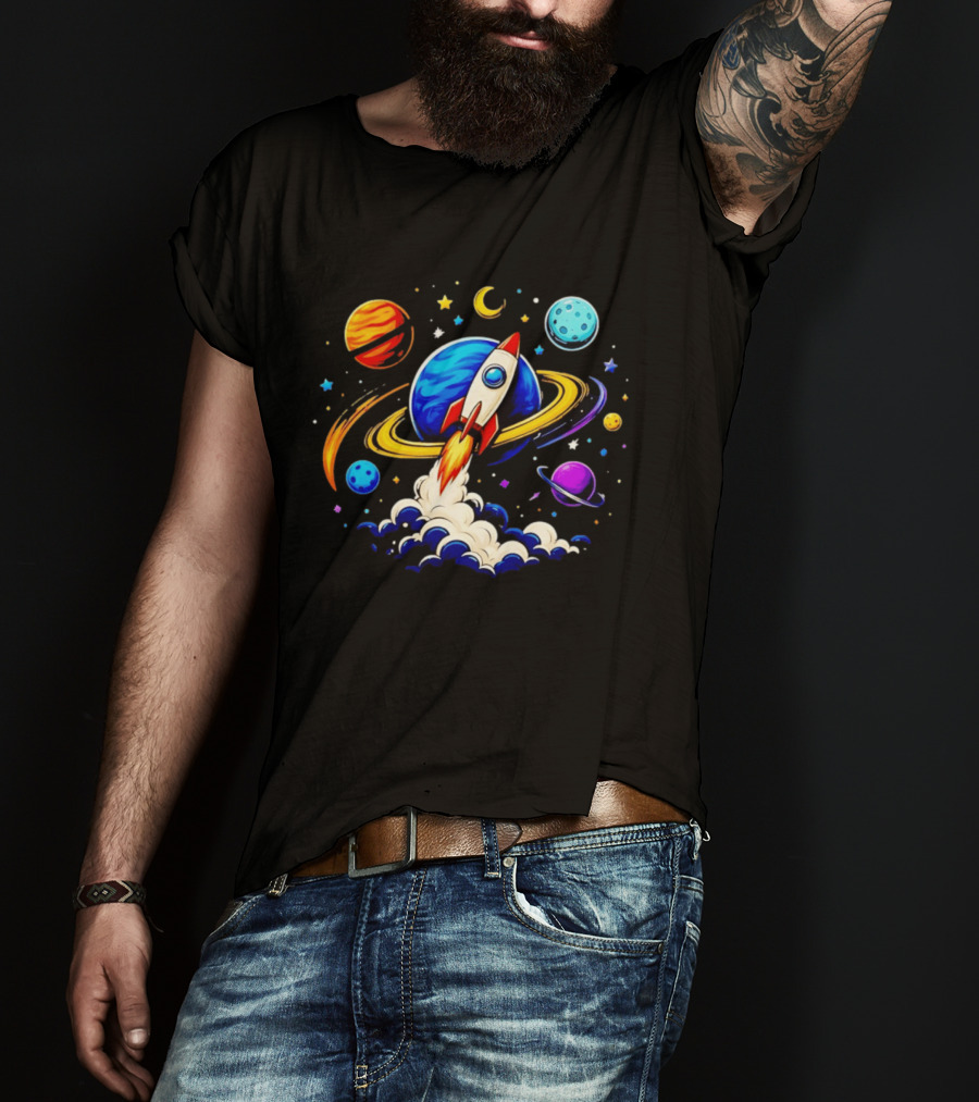 Space Rocket Launch With Vibrant Orbiting Planets And Stars T-Shirt