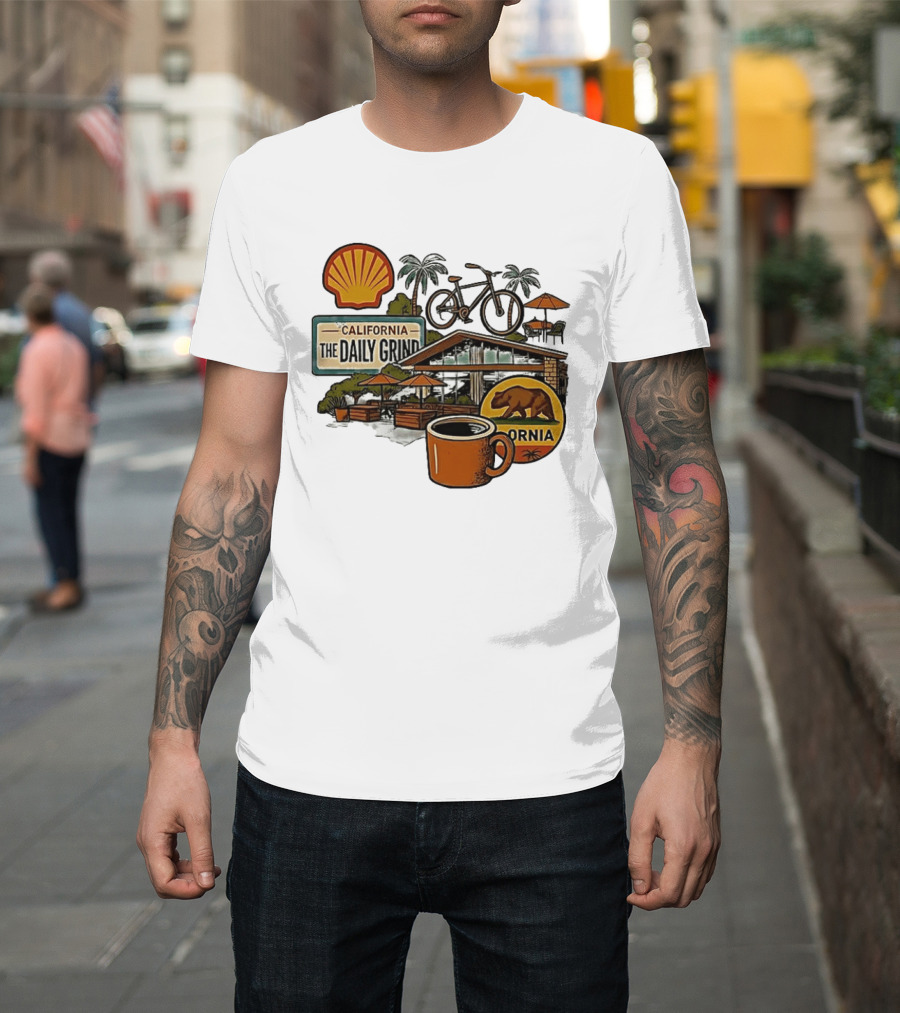 California The Daily Grind Shell Coffee Bear Bike Palms T-Shirt