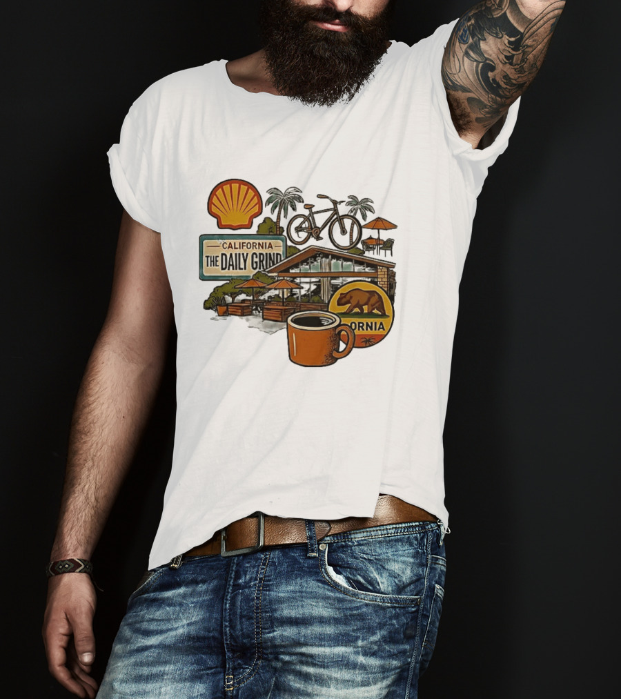 California The Daily Grind Shell Coffee Bear Bike Palms T-Shirt