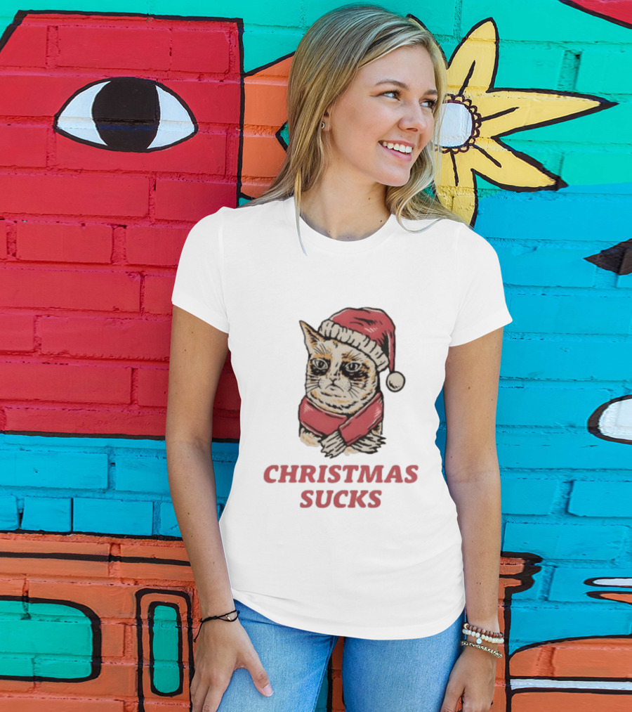 Cat Santa Hat Christmas Sucks Grumpy Humor T-Shirt