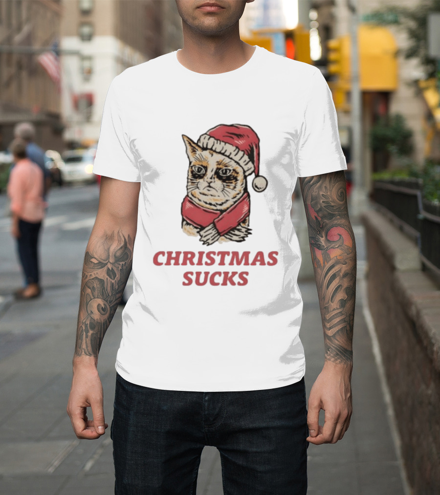 Cat Santa Hat Christmas Sucks Grumpy Humor T-Shirt