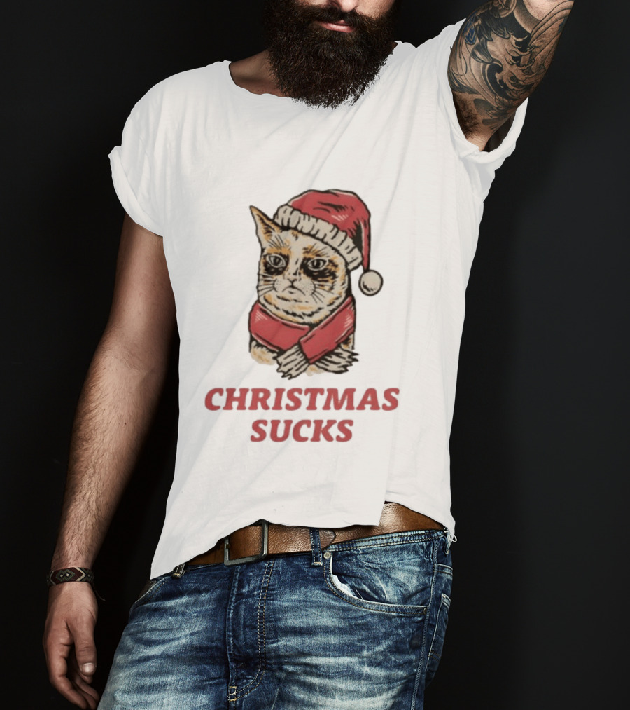 Cat Santa Hat Christmas Sucks Grumpy Humor T-Shirt