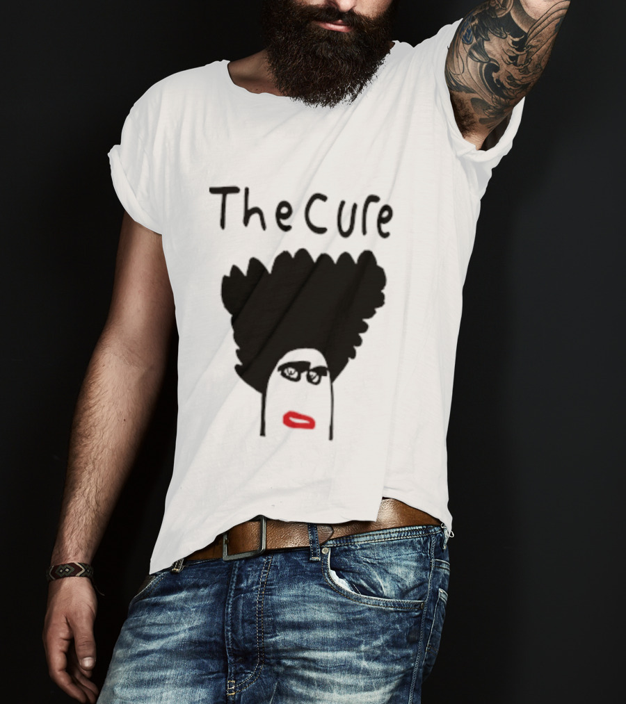 Kieran Maguire Wearing The Cure Text Bold Face Black Hair Red Lips T-Shirt