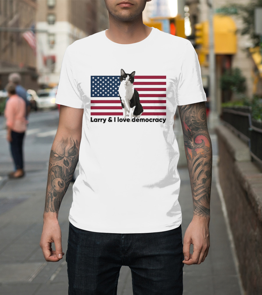 Larry I Love Democracy Cat American Flag T-Shirt