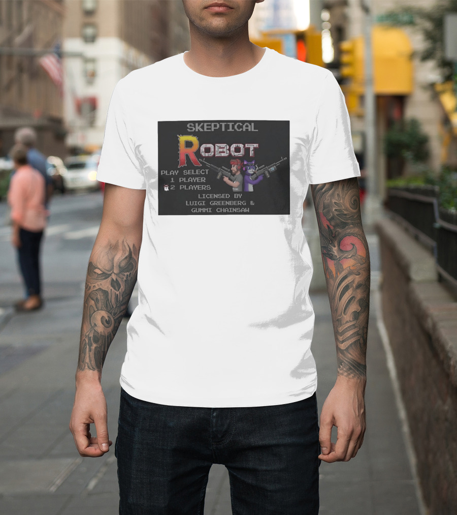 Skeptical Robot Play Select Luigi Greenberg Gummi Chainsaw T-Shirt