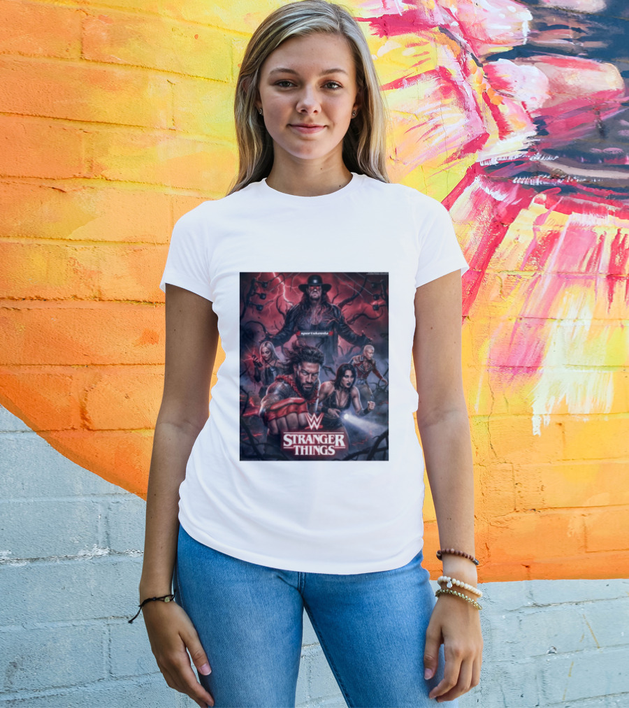 WWE And Stranger Things Crossover With The Undertaker, Roman Reigns, Cody Rhodes, Rhea Ripley, And Liv Morgan T-Shirt
