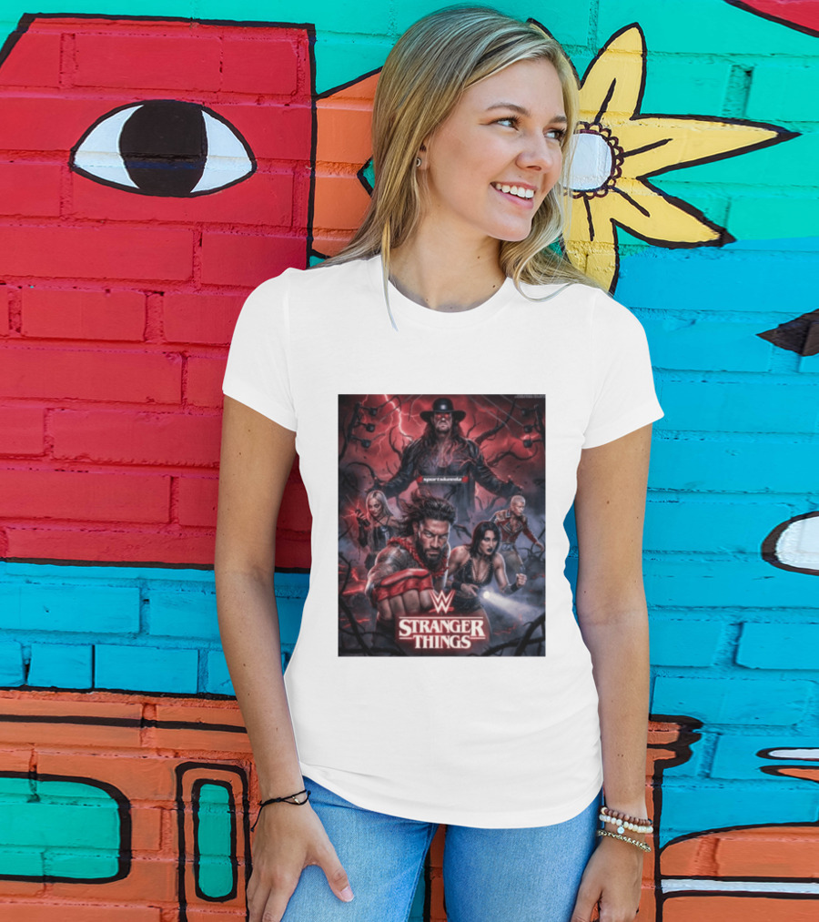 WWE And Stranger Things Crossover With The Undertaker, Roman Reigns, Cody Rhodes, Rhea Ripley, And Liv Morgan T-Shirt