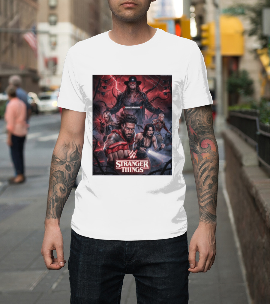 WWE And Stranger Things Crossover With The Undertaker, Roman Reigns, Cody Rhodes, Rhea Ripley, And Liv Morgan T-Shirt