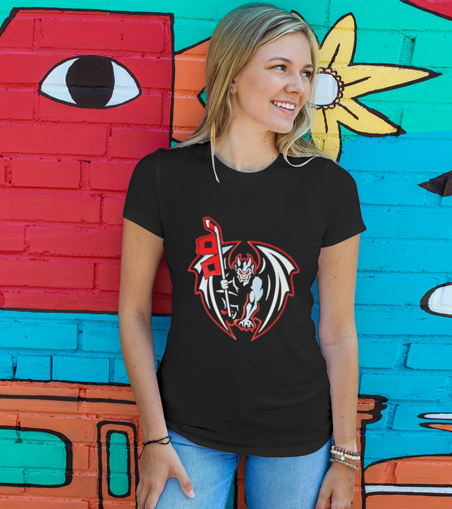 Greensboro Gargoyles Hockey Team Winged Gargoyle Holding Hockey Stick With Red Flag T-Shirt
