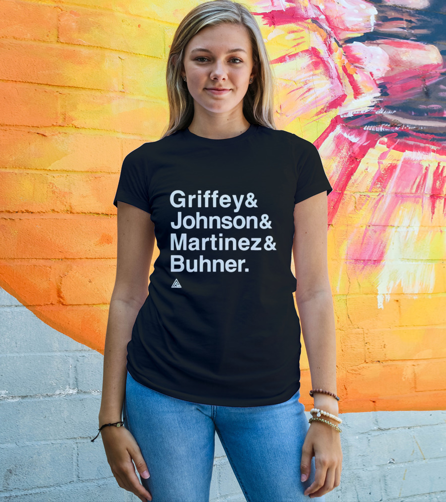 Griffey Johnson Martinez Buhner White Sans Serif Text Triangular T-Shirt