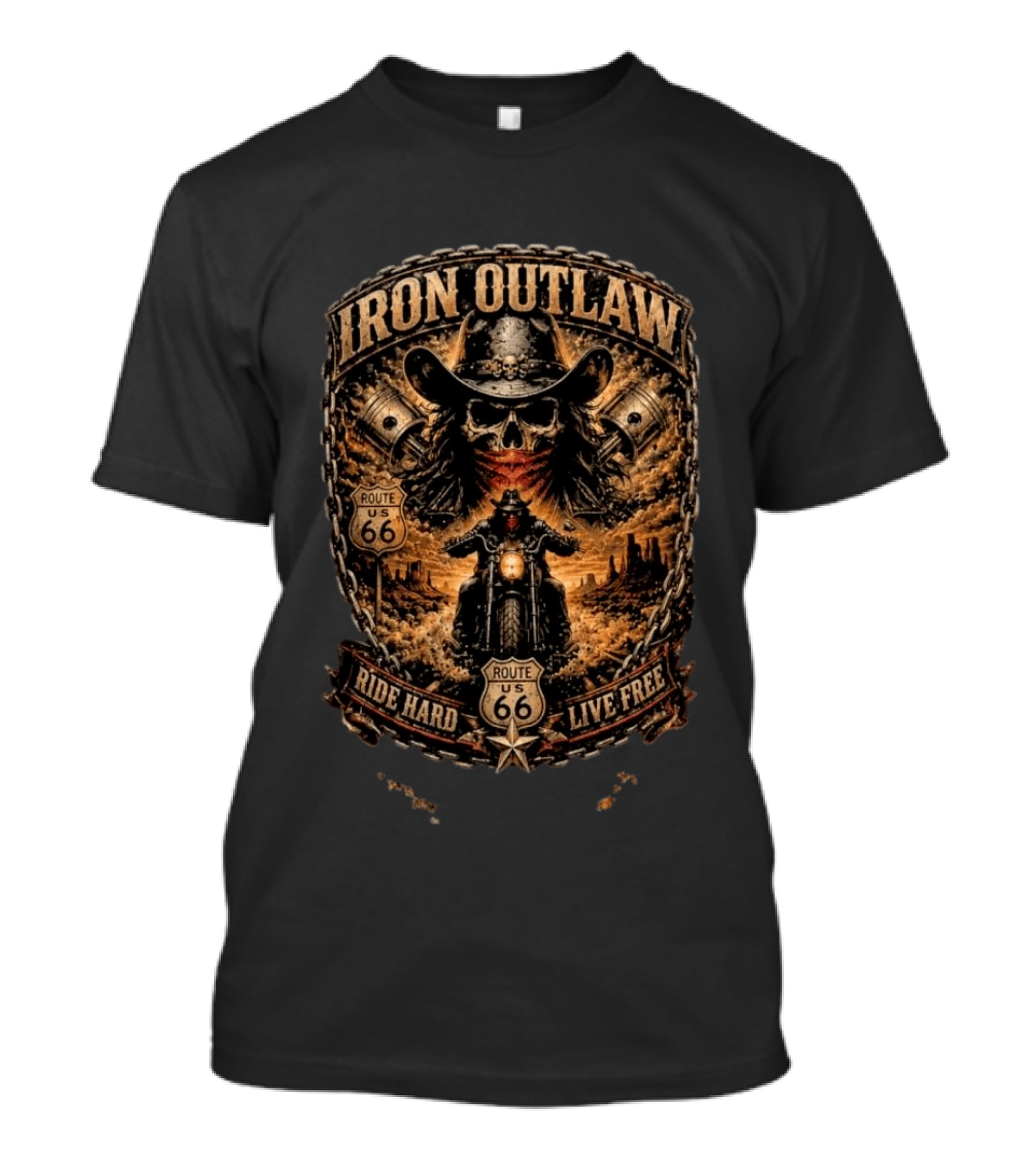Iron Outlaw Cowboy Skull Motorcycle Route 66 Ride Hard Live Free T-Shirt