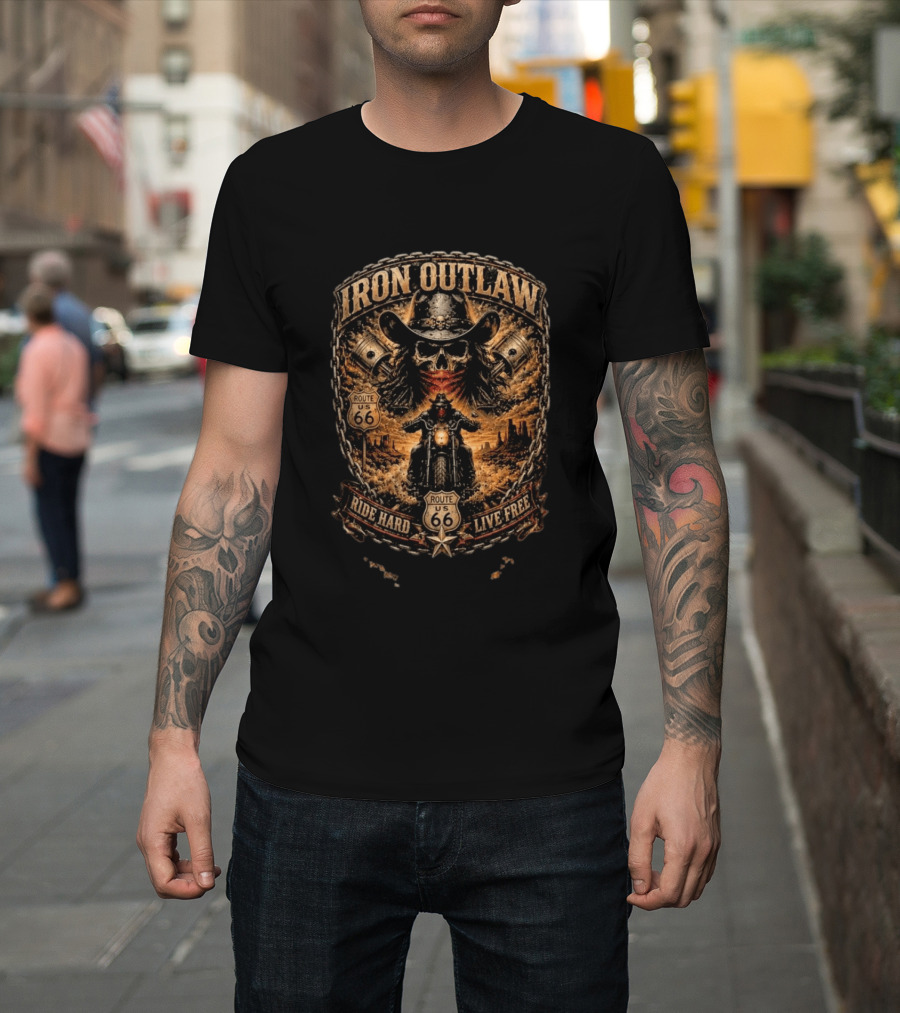 Iron Outlaw Cowboy Skull Motorcycle Route 66 Ride Hard Live Free T-Shirt