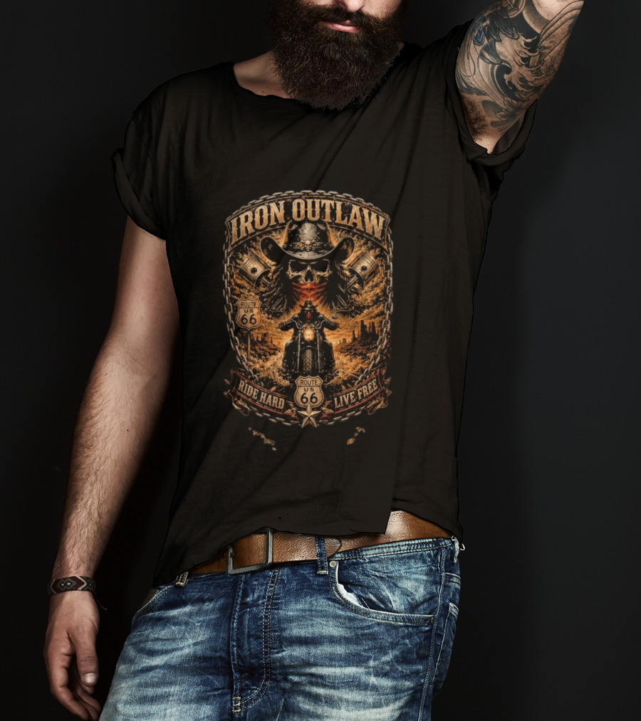Iron Outlaw Cowboy Skull Motorcycle Route 66 Ride Hard Live Free T-Shirt