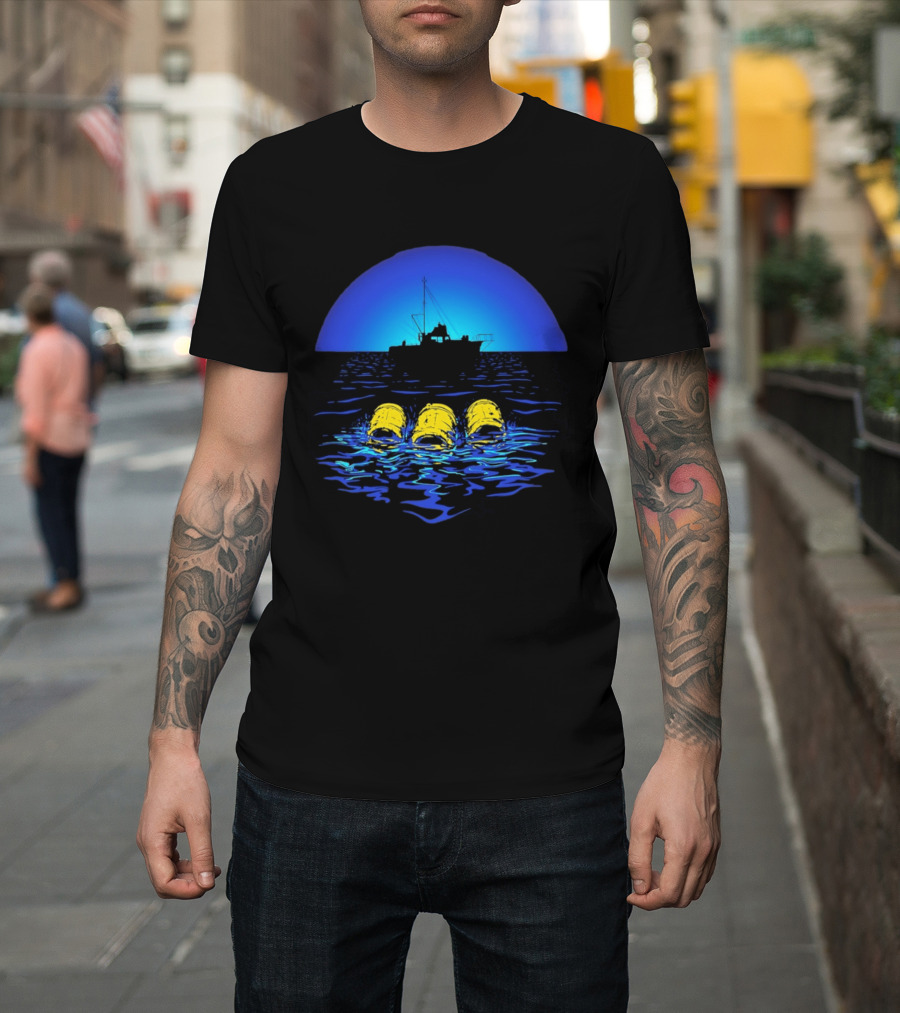 Jaws Orca Boat With Yellow Barrels Steven Spielberg Retro Ocean Scene T-Shirt