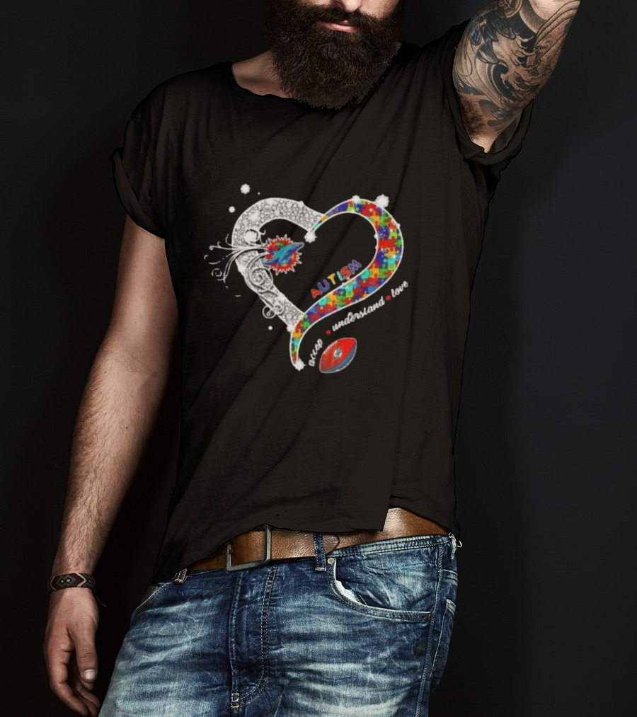 Miami Dolphins Autism Accept Understand Love Heart Diamond Puzzle T-Shirt