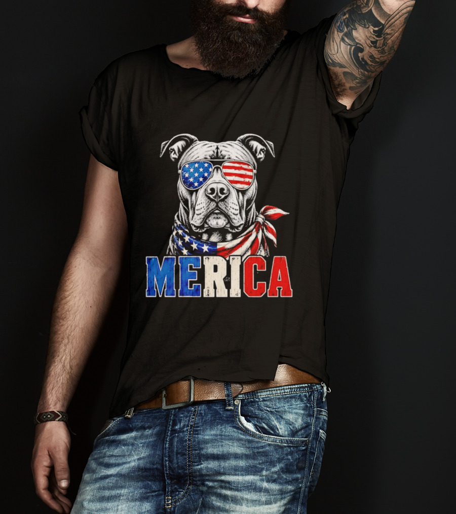 Patriotic Pit Bull Merica Dog With American Flag Sunglasses And Bandana T-Shirt