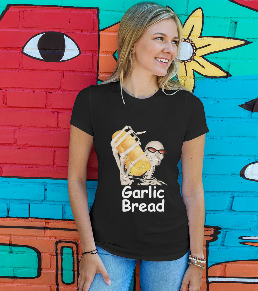Skeleton Holding Baguette Garlic Bread Wearing Sunglasses T-Shirt