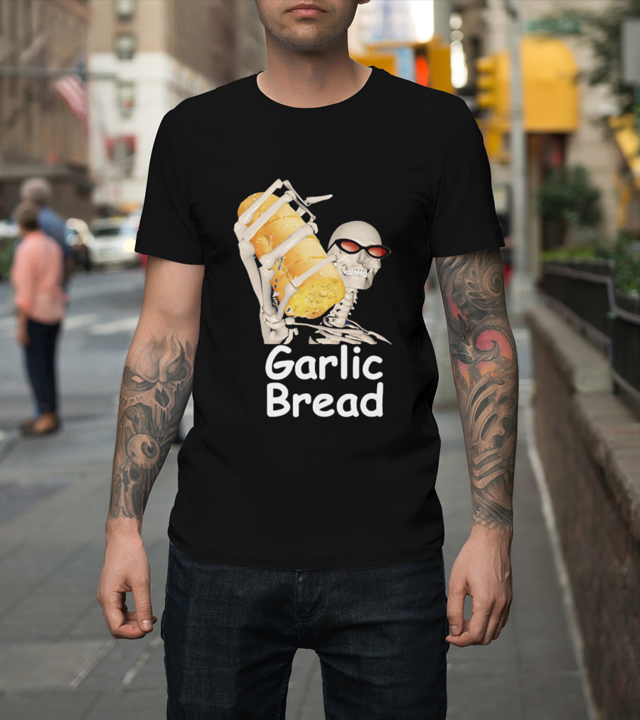 Skeleton Holding Baguette Garlic Bread Wearing Sunglasses T-Shirt