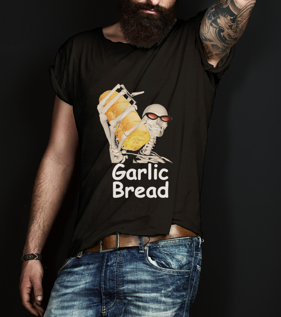 Skeleton Holding Baguette Garlic Bread Wearing Sunglasses T-Shirt