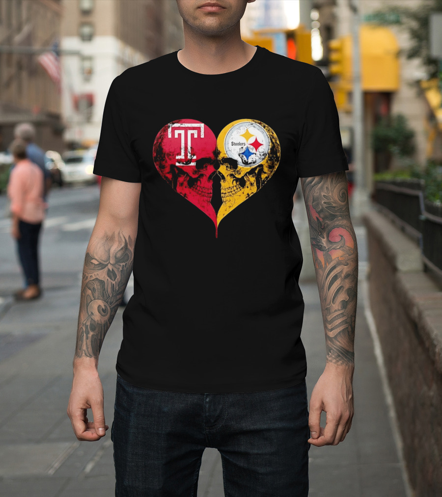 Temple Owls Pittsburgh Steelers Skulls Heart Shape Distressed T-Shirt