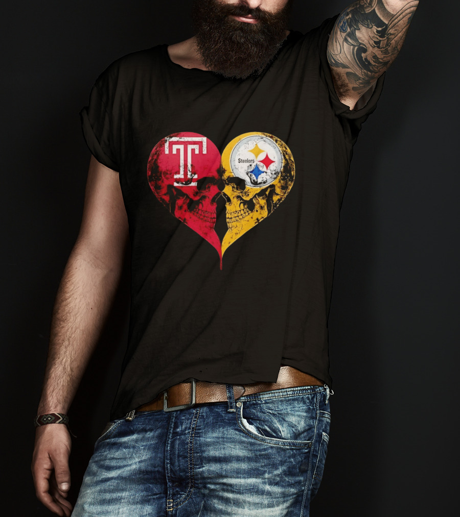 Temple Owls Pittsburgh Steelers Skulls Heart Shape Distressed T-Shirt