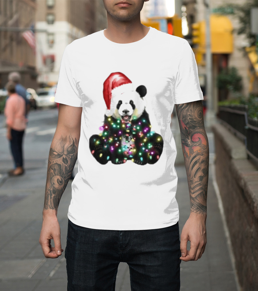 Panda With Christmas Lights And Santa Hat Holiday Animals T-Shirt