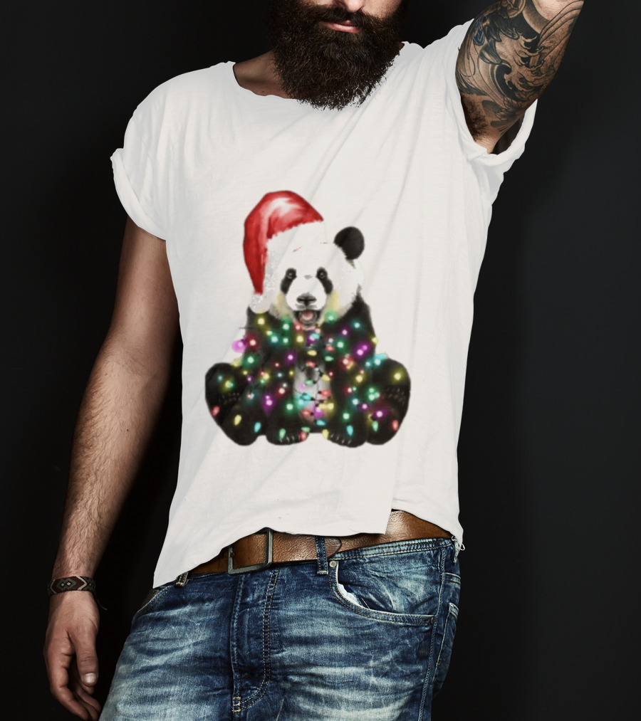 Panda With Christmas Lights And Santa Hat Holiday Animals T-Shirt