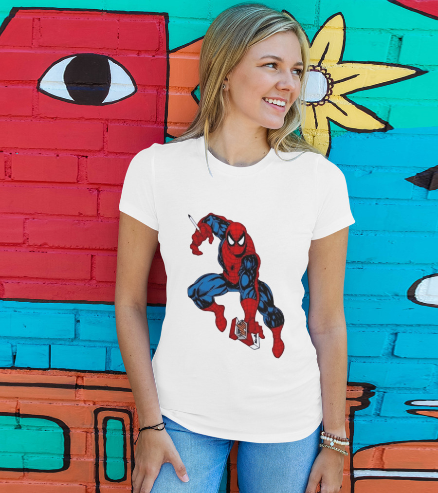 Marlboro Spider Man Crouching Holding Cigarette Packcartoon T-Shirt