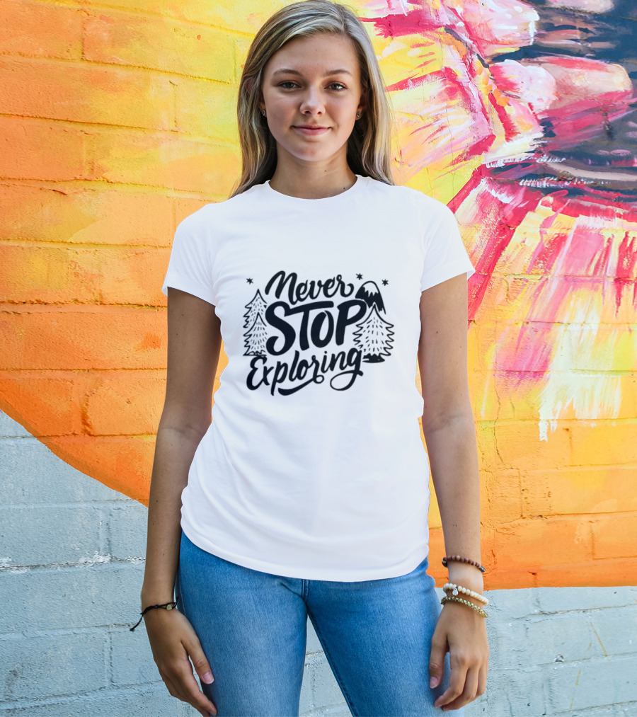 Never Stop Exploring Pine Trees Snowy Mountain Peak Stars T-Shirt