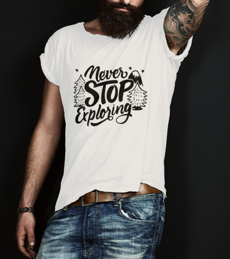 Never Stop Exploring Pine Trees Snowy Mountain Peak Stars T-Shirt