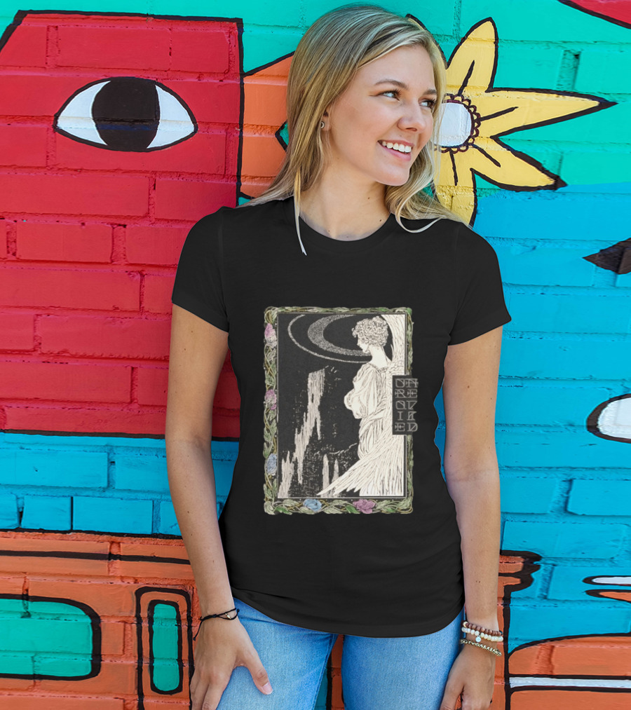 Angel Nouveau Unraveled Floral Frame Illustrative Art Winged Celestial Figure T-Shirt