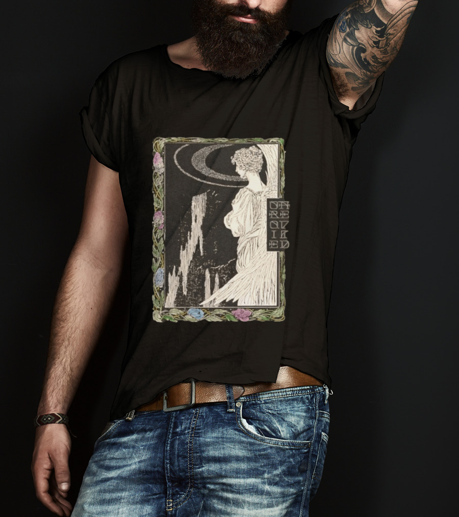 Angel Nouveau Unraveled Floral Frame Illustrative Art Winged Celestial Figure T-Shirt