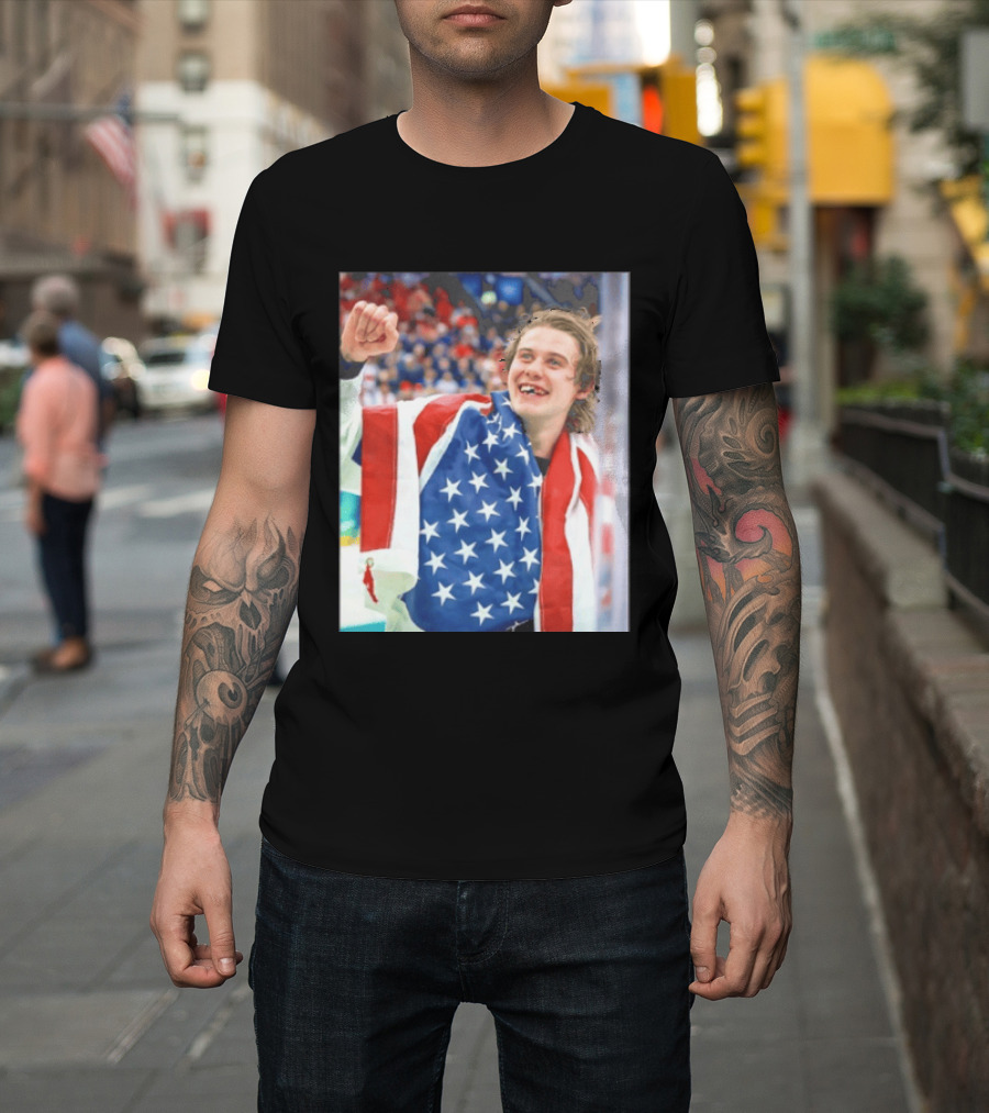 Jack Hughes USA Hockey World Champs 2026 Victory Celebration American Flag T-Shirt