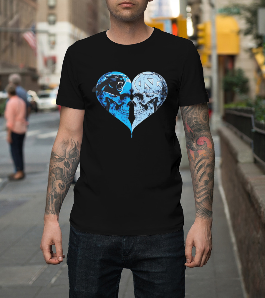 Carolina Panthers North Carolina Tar Heels Skulls Face To Face Heart Shape T-Shirt