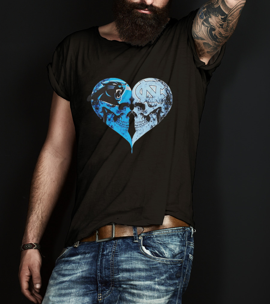 Carolina Panthers North Carolina Tar Heels Skulls Face To Face Heart Shape T-Shirt